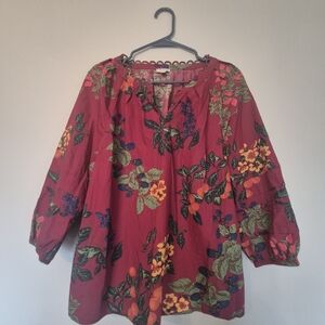 Talbots Wine Floral Peasant Blouse with Tie Neck